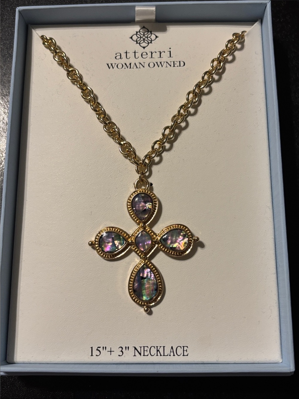 Atterri Gold Cross Necklace with Abalone Iridescent Stones‎